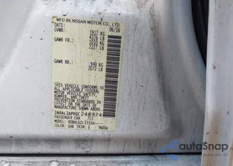 2016 Nissan Altima 2.5/2.5 S/2.5 Sl/2.5 Sr/2.5 Sv z USA, uszkodzony, nr VIN 1N4AL3APXGC248974